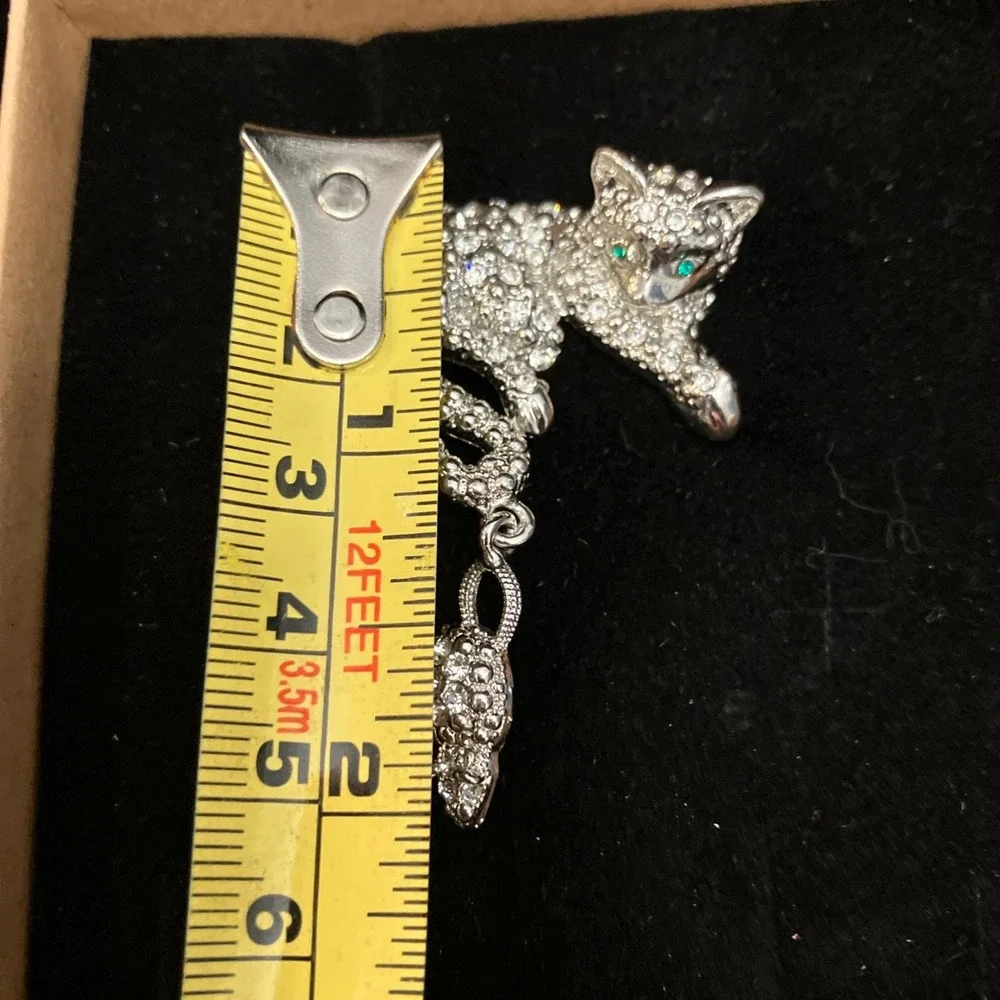 VTG Cat & Mouse Brooch Silver Tone Clear Pave Rhinestone Crystal Pin Green Eyes